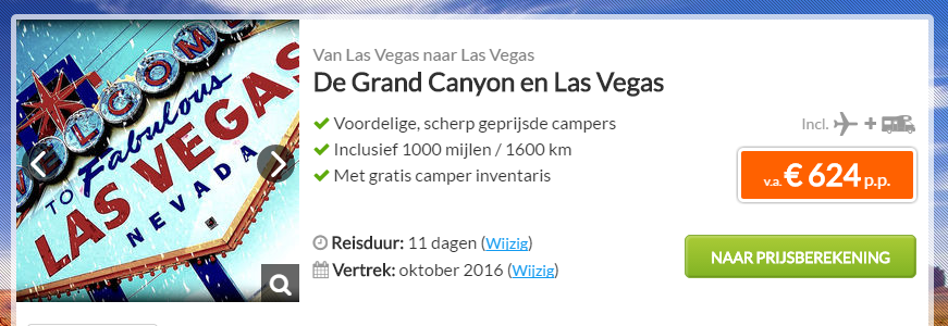 Prijs Grand Canyon en Las Vegas per camper - printscreen gemaakt op 28 mei om 16:30 uur